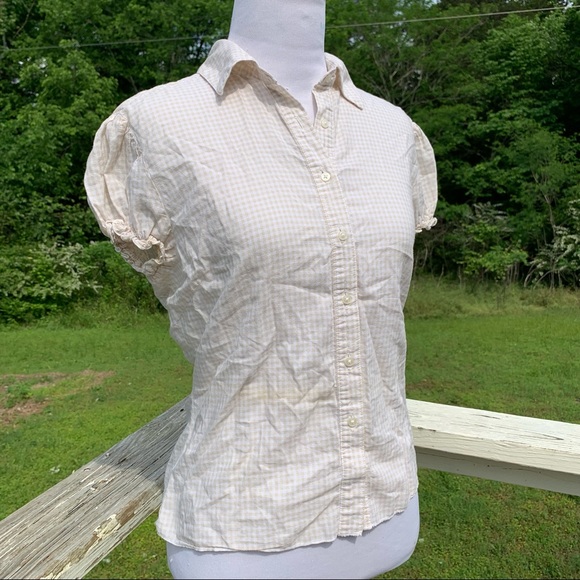 Vintage TH Tommy Hilfiger Soft Cotton Cream Gingham Button Puff Sleeve Blouse - Picture 2 of 9